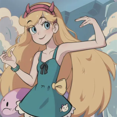 (masterpiece, best quality, high resolution:1.4), 1girl, woman, star butterfly, rainbow outfit, smile, horn hairband, looking at viewer, <lora:StarButterfly_v1.1:1>