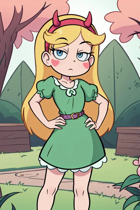 (masterpiece, best quality, high resolution:1.2), 1girl, star butterfly, blue eyes, blonde hair, long hair, expressionless, bored, half-closed eyes, green dress, belt, horn hairband, blush stickers, heart cheeks, looking at viewer, standing, upper body, contrapposto, hand on hip, outdoors, garden <lora:Character_Star.Versus.the.Forces.of.Evil_Star.Butterfly:1> <lora:Style_Pear:0.3> <lora:Function_Good.Hands:1>