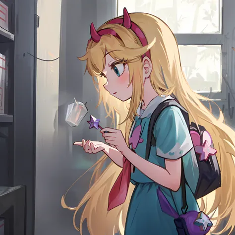 star butterfly <lora:StarButterfly_v1.1:1>, (masterpiece, good quality), 1girl, horn hairband, green squid outfit