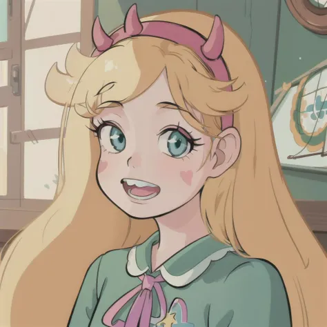 (masterpiece, best quality, high resolution:1.4), 1girl, woman, star butterfly, green squid outfit, horn hairband, smile, looking at viewer <lora:StarButterfly_v1.1:1>
