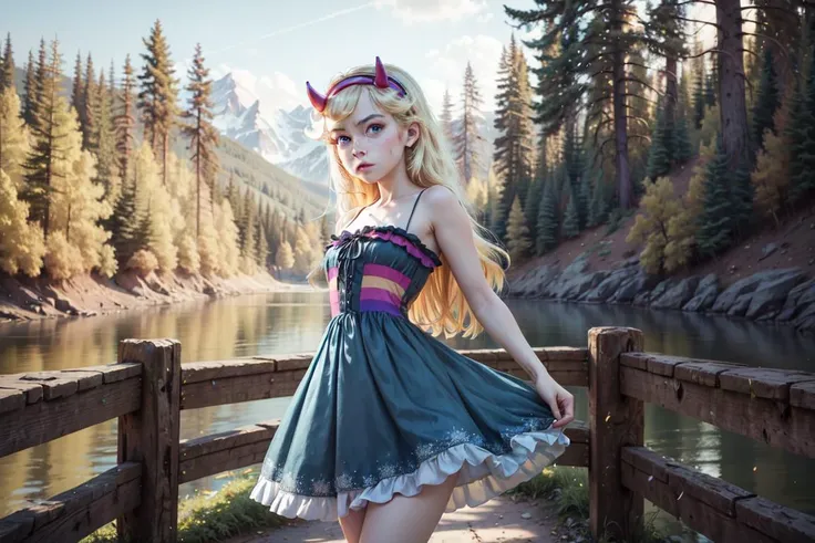 (star butterfly:1), star vs. the forces of evil, (horn hairband:1), (hearts on cheeks:1),(dress), (rainbow outfit:1), (knee length dress), (long blonde hair), ((blue eyes)), cartoony facial features, large round eyes, blonde hair, (dress:1.2), (realistic:1.2), (masterpiece:1.2), (full-body-shot:1),(Cowboy-shot:1.2), light particles, magical background, neon lighting, dark romantic lighting, (highly detailed:1.2),(detailed face:1.2), (gradients), colorful, detailed eyes, (detailed landscape:1.2), (natural lighting:1.2),(detailed background),detailed landscape, (cute pose:1.2), wide shot, solo, 1girl, <lora:StarButterfly_v1.1:0.4> <lora:add_detail:0.3> <lora:hipoly3DModelLora_v10:0.05> <lora:RSERomantic_RSESofiko_RSEEmma-v1:0.1>