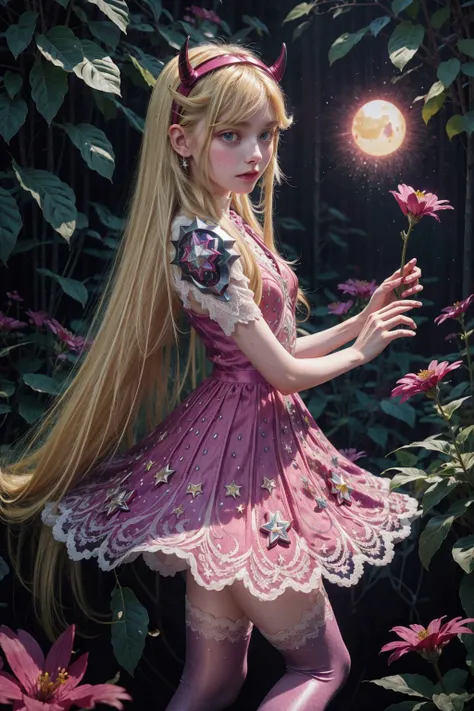 slender star butterfly, smooth skin, Plum glowing aura, red horns hairband, beautiful detailed eyes, long blonde hair,  lace heavy armor with flower details, stripped tights, background with shining stars, surrealistic,abstract,doodle art<lora:StarButterfly_v1.1:0.5> <lora:TUYA5:0.9> <lora:beauty_eyes:0.7> <lora:add_detail:0.7> <lora:WorldofOilslick:0.1> <lora:BokehMecha:0.15>