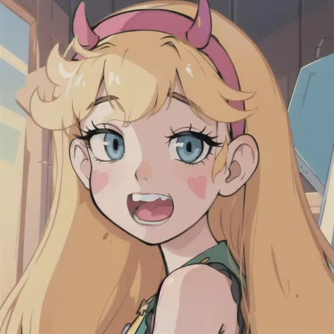 (masterpiece, best quality, high resolution:1.4), 1girl, woman, star butterfly, rainbow outfit, smile, horn hairband, looking at viewer, <lora:StarButterfly_v1.1:1>