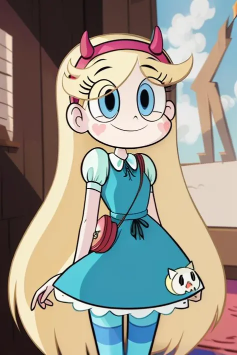 (masterpiece, best quality, high resolution:1.4), 1girl, woman, star butterfly, happy, cloud outfit, pouch, horn_hairband, looking at viewer, pantyhose <lora:StarButterfly_v1.1:1>