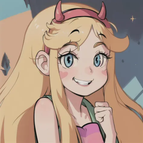 (masterpiece, best quality, high resolution:1.4), 1girl, woman, star butterfly, rainbow outfit, smile, horn hairband, looking at viewer, <lora:StarButterfly_v1.1:1>