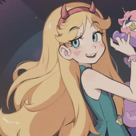 (masterpiece, best quality, high resolution:1.4), 1girl, woman, star butterfly, rainbow outfit, smile, horn hairband, looking at viewer, <lora:StarButterfly_v1.1:1>