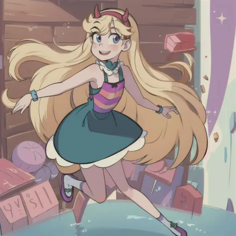 (masterpiece, best quality, high resolution:1.4), 1girl, woman, star butterfly, rainbow outfit, smile, horn hairband, looking at viewer, full body, <lora:StarButterfly_v1.1:1>