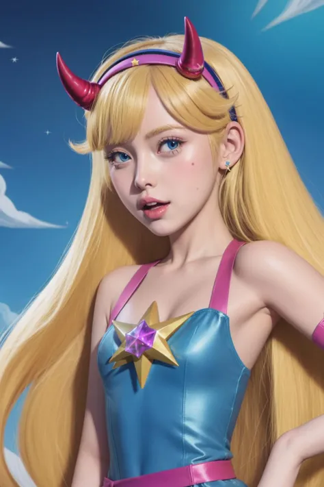 blonde,30 years old star butterfly, than skin, horn hairband ,blue outfit <lora:StarButterfly_v1.1:0.4>