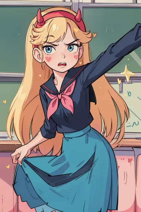 (masterpiece, best quality, high resolution:1.4), 1girl, woman, star butterfly, horn hairband, school uniform, (long skirt:1.3), classroom, angry, medium breasts, looking at viewer <lora:StarButterfly_v1.1:1>, heart