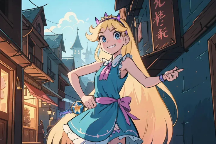 star butterfly, daytime, a woman standing in the streets, showing her armpits, facing the viewer, long blonde hair, wearing a tiara, wearing a sleeveless blue frilly dress, very short skirt, looking at the viewer, holding a pink wand, in the middle of a fantasy town, scratching the back of her head, cobblestone road, brick buildings, taverns, fantasy shops in the background, smiling showing her teeth, slightly blushing, large pink bow around her waist,
absurdres, 8k,(RAW photo, best quality), (beautiful composition, coherent:1.3)
best quality, ultra high res, masterpiece, extremely detailed, 8k wallpaper, cinematic lighting,
beautiful detailed eyes, extremely detailed eyes and face, perfect anatomy,
shadow on face, an extremely delicate and beautiful girl
natural lighting, cinematic,