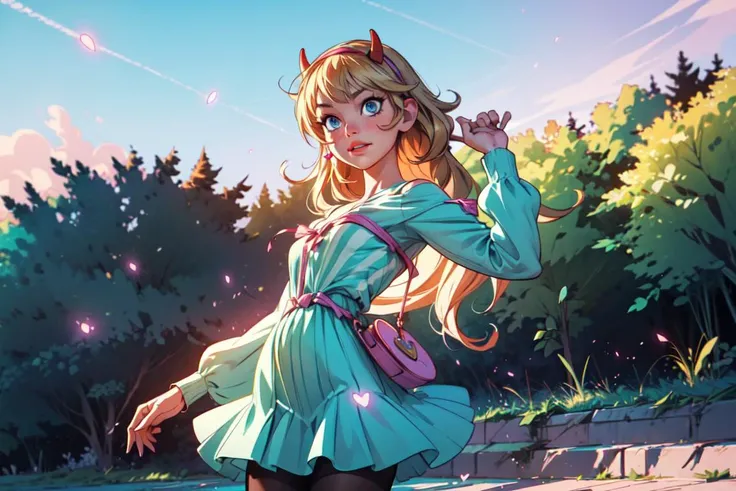 (star butterfly:1), (long blonde hair), (horn hairband:1), hearts on cheeks, (green squid outfit:1), (purple striped pantyhose:1), (holding a wand:0.5), dress, (knee length dress), (dress), ((blue eyes)), cartoony facial features, large round eyes, blonde hair, (dress:1.2), (realistic:1.2), (masterpiece:1.2), (full-body-shot:1),(Cowboy-shot:1.2), light particles, magical background, neon lighting, dark romantic lighting, (highly detailed:1.2),(detailed face:1.2), (gradients), colorful, detailed eyes, (detailed landscape:1.2), (natural lighting:1.2),(detailed background),detailed landscape, (dynamic pose:1.2), wide shot, solo, <lora:StarButterfly_v1.1:0.5> <lora:add_detail:0.3> <lora:hipoly3DModelLora_v10:0.05> <lora:RSERomantic_RSESofiko_RSEEmma-v1:0.1>