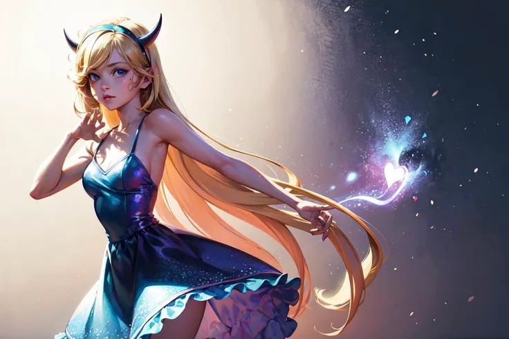 (star butterfly:1), star vs. the forces of evil,  (horn hairband:1), (hearts on cheeks:1),(dress), (rainbow outfit:1), (knee length dress), (long blonde hair), ((blue eyes)), cartoony facial features, large round eyes, blonde hair, (dress:1.2), (realistic:1.2),  (masterpiece:1.2), (full-body-shot:1),(Cowboy-shot:1.2), light particles, magical background, neon lighting, dark romantic lighting, (highly detailed:1.2),(detailed face:1.2), (gradients), colorful, detailed eyes, (detailed landscape:1.2), (natural lighting:1.2),(detailed background),detailed landscape, (cute pose:1.2), wide shot, solo, 1girl, <lora:StarButterfly_v1.1:0.4> <lora:add_detail:0.3> <lora:hipoly3DModelLora_v10:0.05>  <lora:RSERomantic_RSESofiko_RSEEmma-v1:0.1>