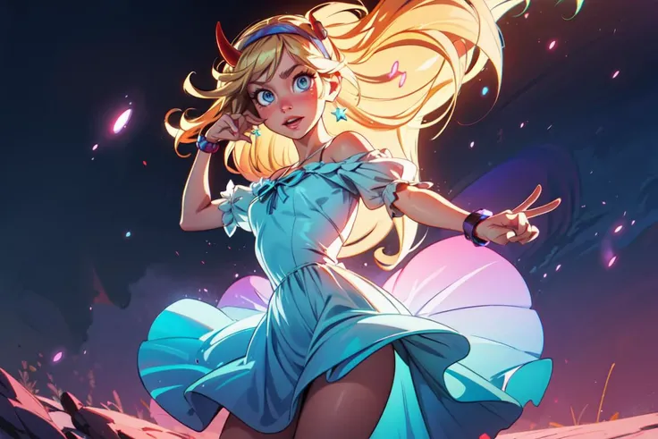 (star butterfly:1), (blonde hair), (horn hairband:1), (rainbow outfit), (holding a wand:0.7), dress, (knee length dress), (dress), ((blue eyes)), cartoony facial features, large round eyes, blonde hair, (dress:1.2), (realistic:1.2),  (masterpiece:1.2), (full-body-shot:1),(Cowboy-shot:1.2), light particles, magical background, neon lighting, dark romantic lighting, (highly detailed:1.2),(detailed face:1.2), (gradients), colorful, detailed eyes, (detailed landscape:1.2), (natural lighting:1.2),(detailed background),detailed landscape, (dynamic pose:1.2), wide shot, solo, <lora:StarButterfly_v1.1:0.5> <lora:add_detail:0.3> <lora:hipoly3DModelLora_v10:0.05>  <lora:RSERomantic_RSESofiko_RSEEmma-v1:0.1>