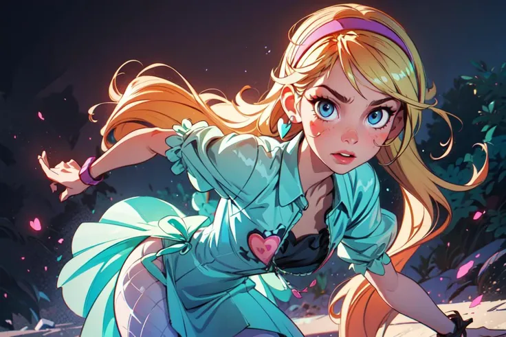 (star butterfly:1), (long blonde hair), (horn hairband:1), hearts on cheeks, (green squid outfit:1), (purple striped pantyhose:1), (holding a wand:0.5), dress, (knee length dress), (dress), ((blue eyes)), cartoony facial features, large round eyes, blonde hair, (dress:1.2), (realistic:1.2), (masterpiece:1.2), (full-body-shot:1),(Cowboy-shot:1.2), light particles, magical background, neon lighting, dark romantic lighting, (highly detailed:1.2),(detailed face:1.2), (gradients), colorful, detailed eyes, (detailed landscape:1.2), (natural lighting:1.2),(detailed background),detailed landscape, (dynamic pose:1.2), wide shot, solo, <lora:StarButterfly_v1.1:0.5> <lora:add_detail:0.3> <lora:hipoly3DModelLora_v10:0.05> <lora:RSERomantic_RSESofiko_RSEEmma-v1:0.1>