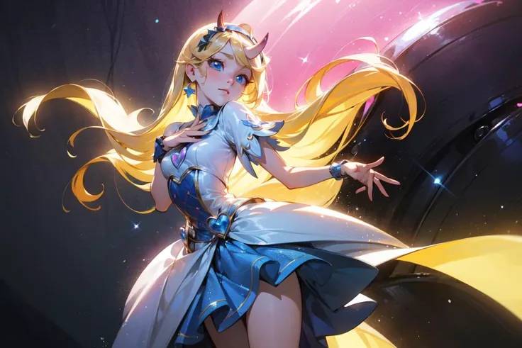 (star butterfly:1), star vs. the forces of evil, (horn hairband:1), (hearts on cheeks:1),(dress), (rainbow outfit:1), (knee length dress), (long blonde hair), ((blue eyes)), cartoony facial features, large round eyes, blonde hair, (dress:1.2), (realistic:1.2), (masterpiece:1.2), (full-body-shot:1),(Cowboy-shot:1.2), light particles, magical background, neon lighting, dark romantic lighting, (highly detailed:1.2),(detailed face:1.2), (gradients), colorful, detailed eyes, (detailed landscape:1.2), (natural lighting:1.2),(detailed background),detailed landscape, (cute pose:1.2), wide shot, solo, 1girl, <lora:StarButterfly_v1.1:0.4> <lora:add_detail:0.3> <lora:hipoly3DModelLora_v10:0.05> <lora:RSERomantic_RSESofiko_RSEEmma-v1:0.1>
