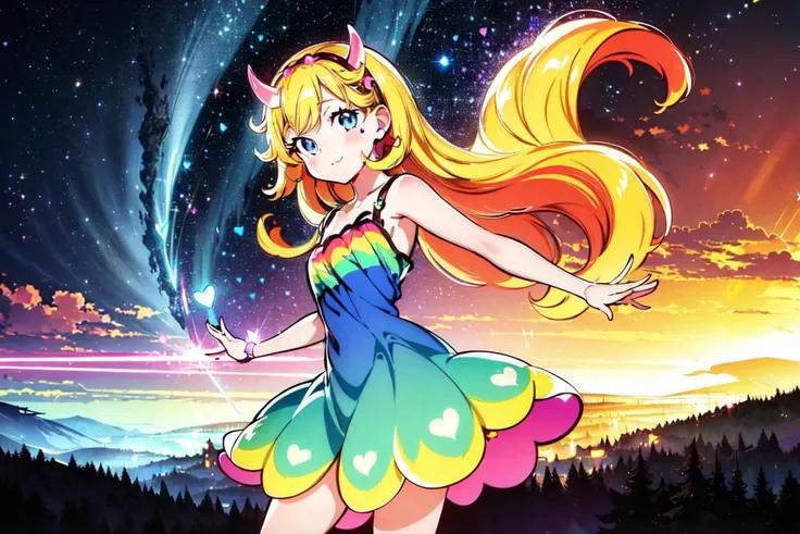 (star butterfly:1), star vs. the forces of evil,  (horn hairband:1), (hearts on cheeks:1),(dress), (rainbow outfit:1), (knee length dress), (long blonde hair), ((blue eyes)), cartoony facial features, large round eyes, blonde hair, (dress:1.2), (realistic:1.2),  (masterpiece:1.2), (full-body-shot:1),(Cowboy-shot:1.2), light particles, magical background, neon lighting, dark romantic lighting, (highly detailed:1.2),(detailed face:1.2), (gradients), colorful, detailed eyes, (detailed landscape:1.2), (natural lighting:1.2),(detailed background),detailed landscape, (cute pose:1.2), wide shot, solo, 1girl, <lora:StarButterfly_v1.1:0.4> <lora:add_detail:0.3> <lora:hipoly3DModelLora_v10:0.05>  <lora:RSERomantic_RSESofiko_RSEEmma-v1:0.1>