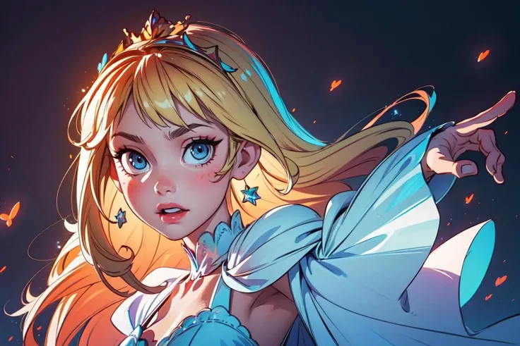 (star butterfly:1), star vs. the forces of evil, (princess crown:1), (hearts on cheeks:1),(blue queen dress), fluffy dress, (princess dress:1), (long dress), (long floor length blonde hair), ((blue eyes)), cartoony facial features, large round eyes, blonde hair, (dress:1.2), (realistic:1.2), (masterpiece:1.2), (full-body-shot:1),(Cowboy-shot:1.2), light particles, magical background, neon lighting, dark romantic lighting, (highly detailed:1.2),(detailed face:1.2), (gradients), colorful, detailed eyes, (detailed landscape:1.2), (natural lighting:1.2),(detailed background),detailed landscape, (cute pose:1.2), wide shot, solo, 1girl, <lora:StarButterfly_v1.1:0.4> <lora:add_detail:0.3> <lora:hipoly3DModelLora_v10:0.05> <lora:RSERomantic_RSESofiko_RSEEmma-v1:0.1>