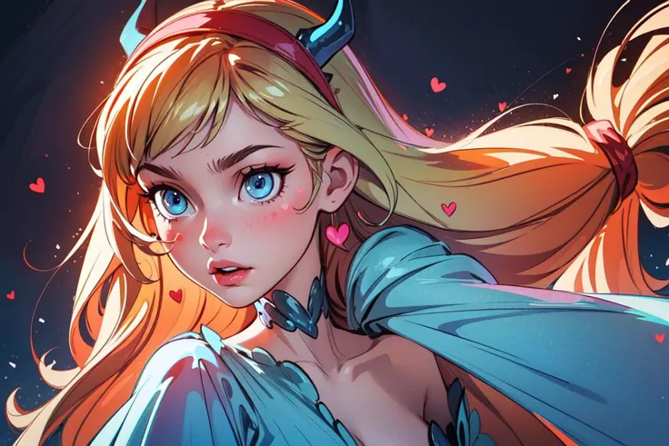 (star butterfly:1), star vs. the forces of evil, (princess crown:1), (red horns on headband), (hearts on cheeks:1),(blue queen dress), fluffy dress, (princess dress:1), (long dress), (long floor length blonde hair), ((blue eyes)), cartoony facial features, large round eyes, blonde hair, (dress:1.2), (realistic:1.2), (masterpiece:1.2), (full-body-shot:1),(Cowboy-shot:1.2), light particles, magical background, neon lighting, dark romantic lighting, (highly detailed:1.2),(detailed face:1.2), (gradients), colorful, detailed eyes, (detailed landscape:1.2), (natural lighting:1.2),(detailed background),detailed landscape, (cute pose:1.2), wide shot, solo, <lora:StarButterfly_v1.1:0.3> <lora:add_detail:0.3> <lora:hipoly3DModelLora_v10:0.05> <lora:RSERomantic_RSESofiko_RSEEmma-v1:0.1>