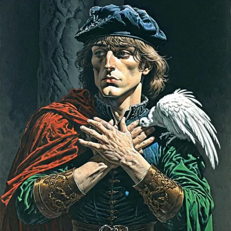 color illustration in berniewrightson style, extremely detailed, masterpiece, tenebrism, high contrast,
Romeo - Late Renaissance attire, feathered cap, one hand over heart, other extended outward, poised romantically. , hero pose,
<lora:BernieWrightson_Style_XL_V4.1:0.7>
