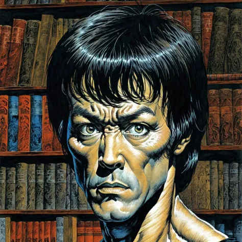 color illustration in berniewrightson style, extremely detailed, masterpiece, tenebrism, high contrast,
Bruce Lee,
portrait of the author, haunted eyes,
Extraterrestrial library in the background,
horrified expression
<lora:BernieWrightson_Style_XL_V4.1:0.7>