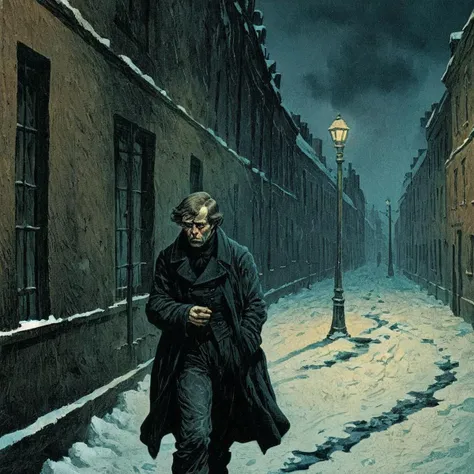 color illustration in berniewrightson style, extremely detailed, masterpiece, tenebrism, high contrast,
"Crime and Punishment" by Fyodor Dostoevsky: A gloomy, snow-covered street in 19th-century St. Petersburg, Russia. Raskolnikov, with a troubled expression, walks alone, contemplating his moral dilemma under the dim streetlights.
<lora:BernieWrightson_Style_XL_V4.1:0.7>