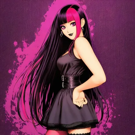 1girl, solo, (Black long and straight haired young woman with hot pink highlights with bangs on her hair, two colored hair, hair down, medium breasts, long haired emo girl, multicolored hair), makeup (black lipstick, purple eyeshadow), (sleeveless black v-neck minidress, earrings, hot pink headband, corset like belt, lace pantyhose), confident, soft smile,