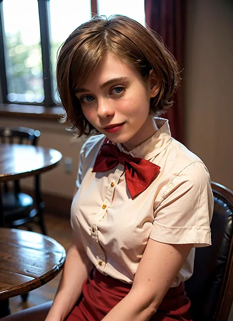 25 year old European girl, (blonde hair with pixie cut), ((portrait)), ((detailed face:1.2)), ((detailed facial features)), (finely detailed skin ), pale skin, athletic body, highly detailed fitted suit, dimples, bob cut, looking at viewer, detailed trees, ribbons, bow ties, off the shoulder, low-cut ribbed sweater showing the , high waisted skirt, sitting, indoors, collar, open sweater showing clevage, (smile), (full body: 1.6), (cold colors), (perfect proportion), (in cafe:1.5), (realistic photo), (best quality), (detailed), photographed with a Canon EOS R5, 50mm lens, F/2.8, HDR, (8k), (wallpaper), (cinematic lighting), (dramatic lighting), (sharp focus), ( intricate), from above