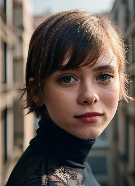 A stunning intricate full color portrait of (skswoman:1),wearing a black turtleneck, epic character composition, by ilya kuvshinov, alessio albi, nina masic, sharp focus, natural lighting, subsurface scattering, f2, 35mm, film grain, <lyco:Sophia Lillis:1.2>