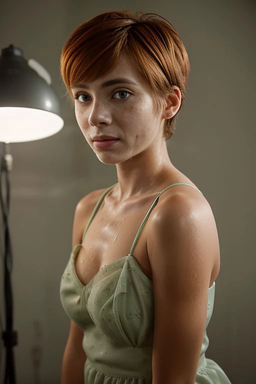 green sundress BREAK skswoman, sad , wearing organza , with orange Blunt haircut , background simple epic (photo, studio lighting, hard light, sony a7, 50 mm, matte skin, pores, colors, hyperdetailed, hyperrealistic), <lyco:Sophia Lillis:1.0>,  <lora:epiCRealismHelper:1> BREAK( blemish, bad skin, pores, wrinkles, acne:1.3)