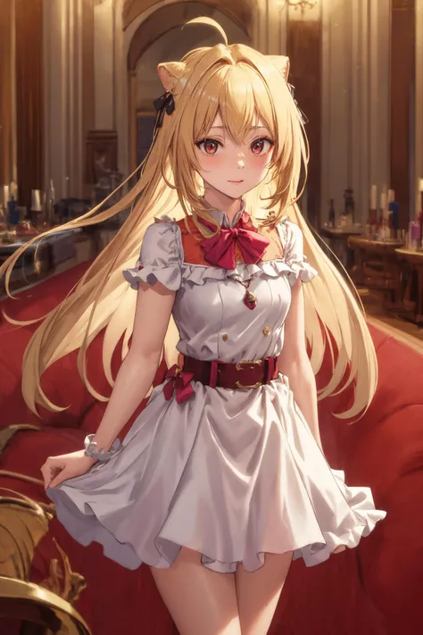 best quality, (masterpiece:1.2), detailed, 
1girl, solo, long hair, blonde hair, cone hair bun, hair ornament, hair intakes, ahoge, bangs, red eyes,  cocktail ouftit, during party, indoor, castle ballroom, hold with one hand a cocktail,  we can see lot of people around,
 <lora:terakomari_gandezblood_1:0.8>