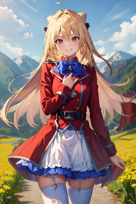 (masterpiece), best quality, from , smile, 
1girl, solo, long hair, blonde hair, cone hair bun, hair ornament, hair intakes, ahoge, bangs, red eyes, blue bowtie, red jacket, red coat, long sleeves, belt, white skirt, garter straps, white thighhighs, red military hat,
, outdoor, Mountain idylic, field, Dandelion, 
 <lora:terakomari_gandezblood_1:1>