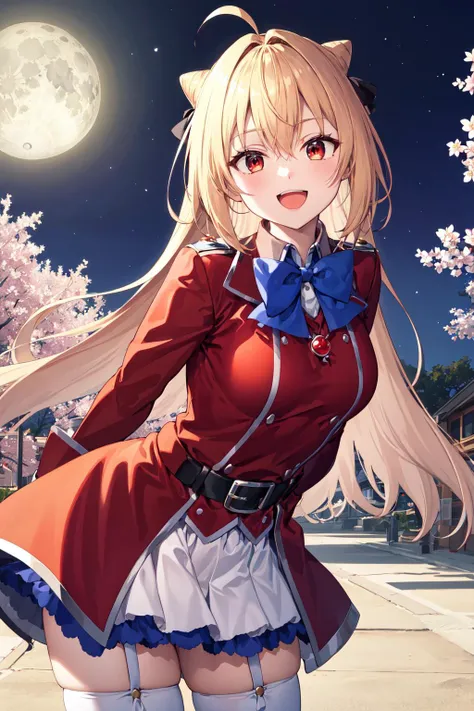 masterpiece, best quality, highres, 1girl, solo, long hair, blonde hair, cone hair bun, hair ornament, hair intakes, ahoge, bangs, red eyes, blue bowtie, red jacket, red coat, long sleeves, belt, white skirt, garter straps, white thighhighs, <lora:terakomari_gandezblood_1:0.7>, night, moon, outdoors, cherry blossoms, standing, cowboy shot, arms behind back, leaning forward, smile, open mouth,