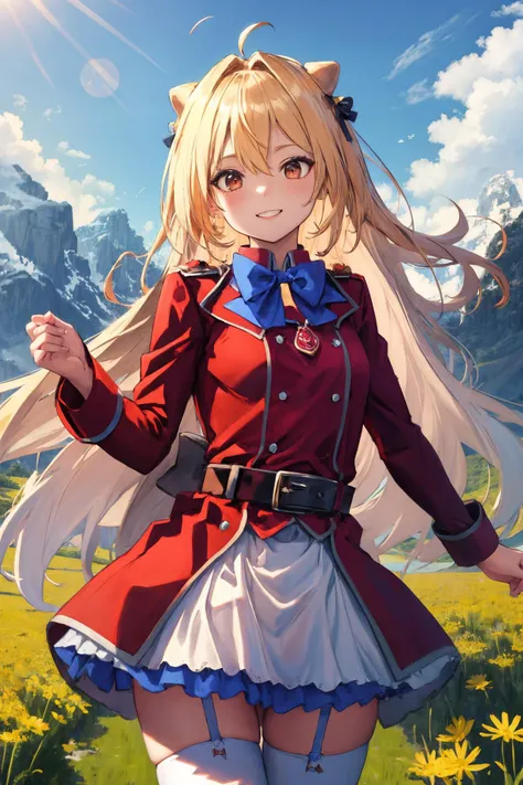 (masterpiece), best quality, from , smile, 
1girl, solo, long hair, blonde hair, cone hair bun, hair ornament, hair intakes, ahoge, bangs, red eyes, blue bowtie, red jacket, red coat, long sleeves, belt, white skirt, garter straps, white thighhighs, red military hat,
, outdoor, Mountain idylic, field, Dandelion, 
 <lora:terakomari_gandezblood_1:0.8>