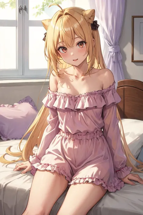 masterpiece, best quality, highres, 1girl, solo, long hair, blonde hair, cone hair bun, hair ornament, hair intakes, ahoge, bangs, red eyes, off shoulder, frills, pajamas, pink dress, long sleeves, <lora:terakomari_gandezblood_1:0.7>, bed, sitting, cowboy shot