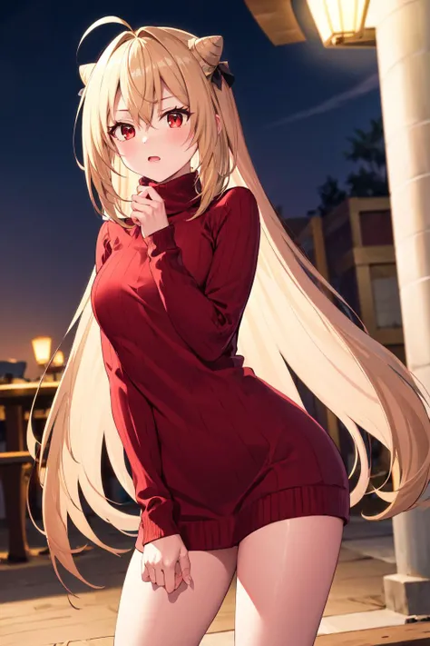 masterpiece, best quality, highres, 1girl, solo, long hair, blonde hair, cone hair bun, hair ornament, hair intakes, ahoge, bangs, red eyes,<lora:terakomari_gandezblood_1:0.7>, sweater dress, turtleneck, virgin killer sweater, standing, outdoors, night