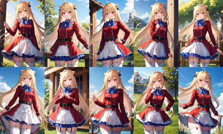 masterpiece, best quality, highres, 1girl, solo, long hair, blonde hair, cone hair bun, hair ornament, hair intakes, ahoge, bangs, red eyes, blue bowtie, red jacket, red coat, long sleeves, belt, white skirt, garter straps, white thighhighs, <lora:terakomari_gandezblood_1:0.6>, standing, cowboy shot, outdoors