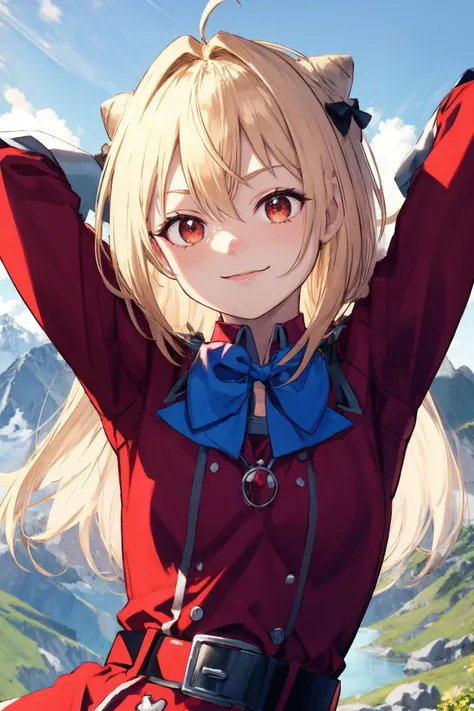 (masterpiece), best quality, from , smile, stretching arms, upper body, portrait,
1girl, solo, long hair, blonde hair, cone hair bun, hair ornament, hair intakes, ahoge, bangs, red eyes, blue bowtie, red jacket, red coat, long sleeves, belt, white skirt, garter straps, white thighhighs, red military hat,
, outdoor, Mountain idylic, field, Dandelion,
<lora:terakomari_gandezblood_1:1>