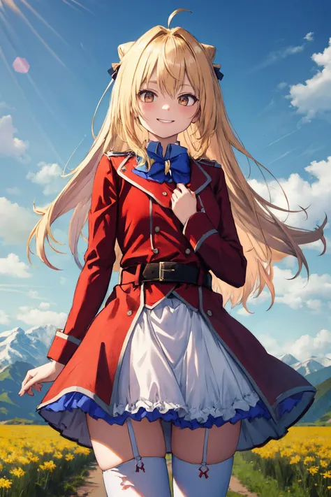 (masterpiece), best quality, from , smile, 
1girl, solo, long hair, blonde hair, cone hair bun, hair ornament, hair intakes, ahoge, bangs, red eyes, blue bowtie, red jacket, red coat, long sleeves, belt, white skirt, garter straps, white thighhighs, red military hat,
, outdoor, Mountain idylic, field, Dandelion, 
 <lora:terakomari_gandezblood_1:0.8>