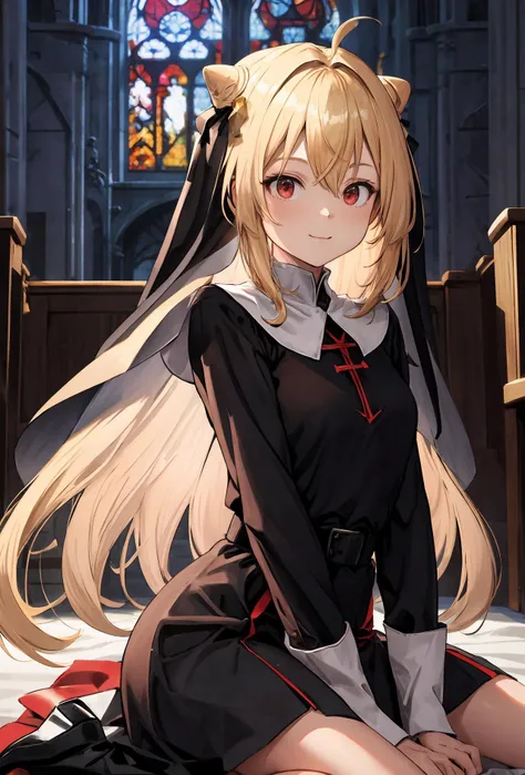 masterpiece, best quality, highres, 1girl, solo, long hair, blonde hair, cone hair bun, hair ornament, hair intakes, ahoge, bangs, red eyes, <lora:terakomari_gandezblood_1:0.6>, Nun dress, smile, Gothic church, wariza