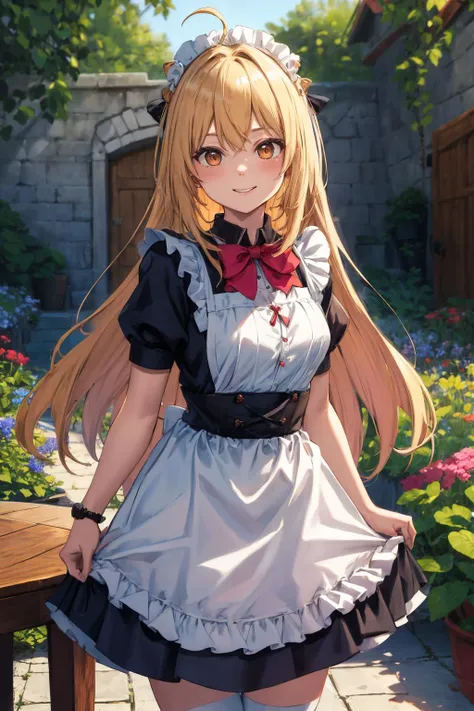 masterpiece, best quality, highres, 1girl, solo, long hair, blonde hair, cone hair bun, hair ornament, hair intakes, ahoge, bangs, red eyes,<lora:terakomari_gandezblood_1:0.7>, maid, maid headdress, apron, brooch, skirt hold, standing, garden, table , standing, cowboy shot, outdoors, smile