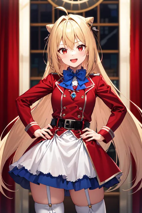 masterpiece, best quality, highres, 1girl, solo, long hair, blonde hair, cone hair bun, hair ornament, hair intakes, ahoge, bangs, red eyes, blue bowtie, red jacket, red coat, long sleeves, belt, white skirt, garter straps, white thighhighs, <lora:terakomari_gandezblood_1:0.6>, hand on hip, smile, open mouth,