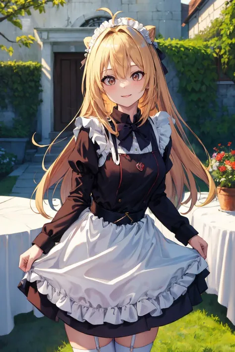 masterpiece, best quality, highres, 1girl, solo, long hair, blonde hair, cone hair bun, hair ornament, hair intakes, ahoge, bangs, red eyes,<lora:terakomari_gandezblood_1:0.7>, maid, maid headdress, apron, brooch, skirt hold, standing, garden, table , standing, cowboy shot, outdoors, smile