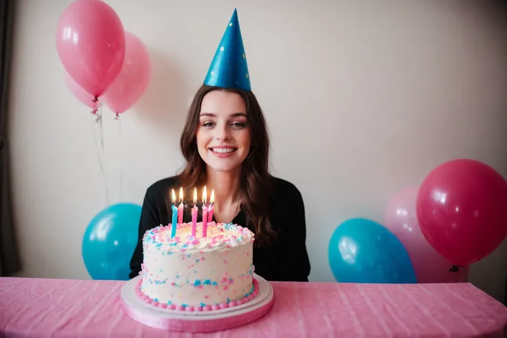 photo of a young woman, birthday party, cake