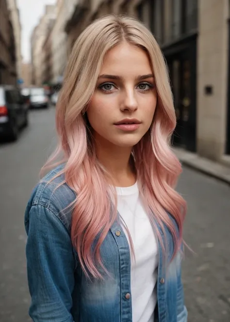 taken with iphone camera BREAK medium shot selfie of a pretty young woman BREAK (ombre:1.3) blonde pink BREAK film grain, medium quality