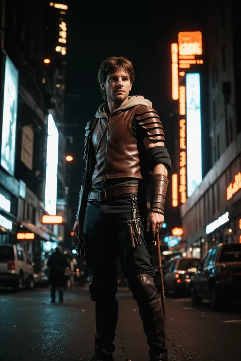 Robin Hood BREAK cyperpunk city, cables, cyberpunk armor BREAK photography, medium quality, film grain, (Analog:1.2), (RAW:1.2)