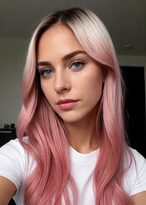 taken with iphone camera BREAK medium shot selfie of a pretty young woman BREAK (ombre:1.3) blonde pink BREAK film grain, medium quality