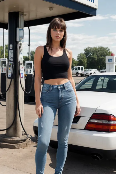 full body, young woman on a gas station, tank top, jeans, bangs