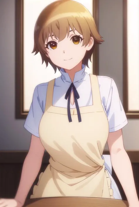 hanamiyakoshi, <lora:hana miyakoshi s1-lora-nochekaiser:1>,
hana miyakoshi, short hair, brown hair, (brown eyes:1.3), smile,
BREAK apron, waitress,
BREAK indoors, restaurant,
BREAK looking at viewer, (cowboy shot:1.5),
BREAK <lyco:GoodHands-beta2:1>, (masterpiece:1.2), best quality, high resolution, unity 8k wallpaper, (illustration:0.8), (beautiful detailed eyes:1.6), extremely detailed face, perfect lighting, extremely detailed CG, (perfect hands, perfect anatomy),