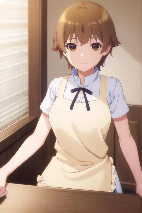 hanamiyakoshi, <lora:hana miyakoshi s1-lora-nochekaiser:1>,
hana miyakoshi, short hair, brown hair, (brown eyes:1.3), smile,
BREAK apron, waitress,
BREAK indoors, restaurant,
BREAK looking at viewer, (cowboy shot:1.5),
BREAK <lyco:GoodHands-beta2:1>, (masterpiece:1.2), best quality, high resolution, unity 8k wallpaper, (illustration:0.8), (beautiful detailed eyes:1.6), extremely detailed face, perfect lighting, extremely detailed CG, (perfect hands, perfect anatomy),
