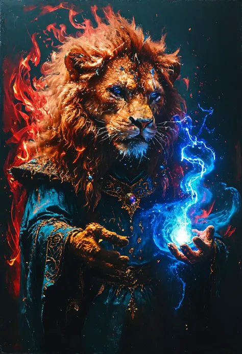 anthropomorphic Lion warlock casting a spell, <lora:Disturbia:0.6>, <lora:MJ52:0.8>, Flickering light, <lora:blacklight_makeup_v2:0.7> blacklight makeup,  <lora:hkmagicV2:0.8> hkmagic